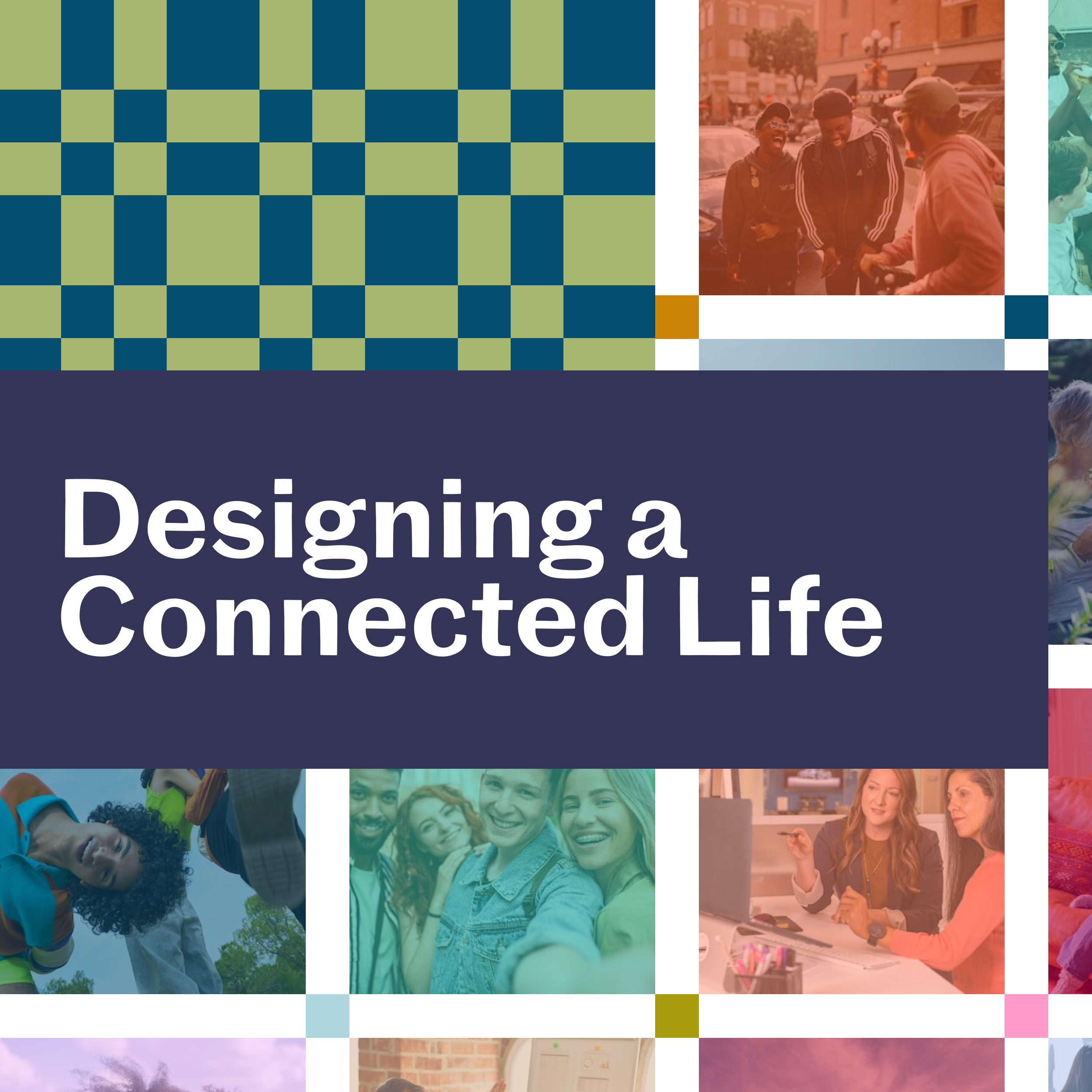 Book cover titled "Designing a Connected Life" with a collage of diverse people engaging in various activities, including chatting, working on laptops, and playing outdoors.