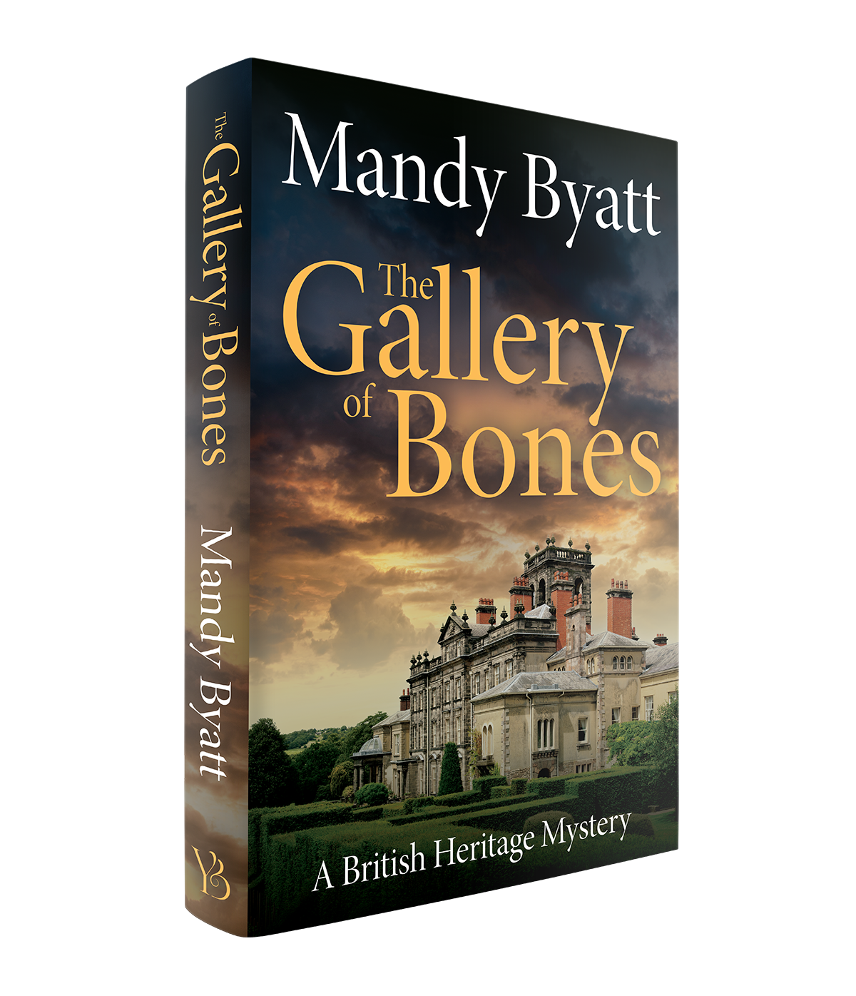 Book cover titled 'The Gallery of Bones' by Mandy Byatt featuring a historic English estate under a cloudy sunset sky with green lawns.