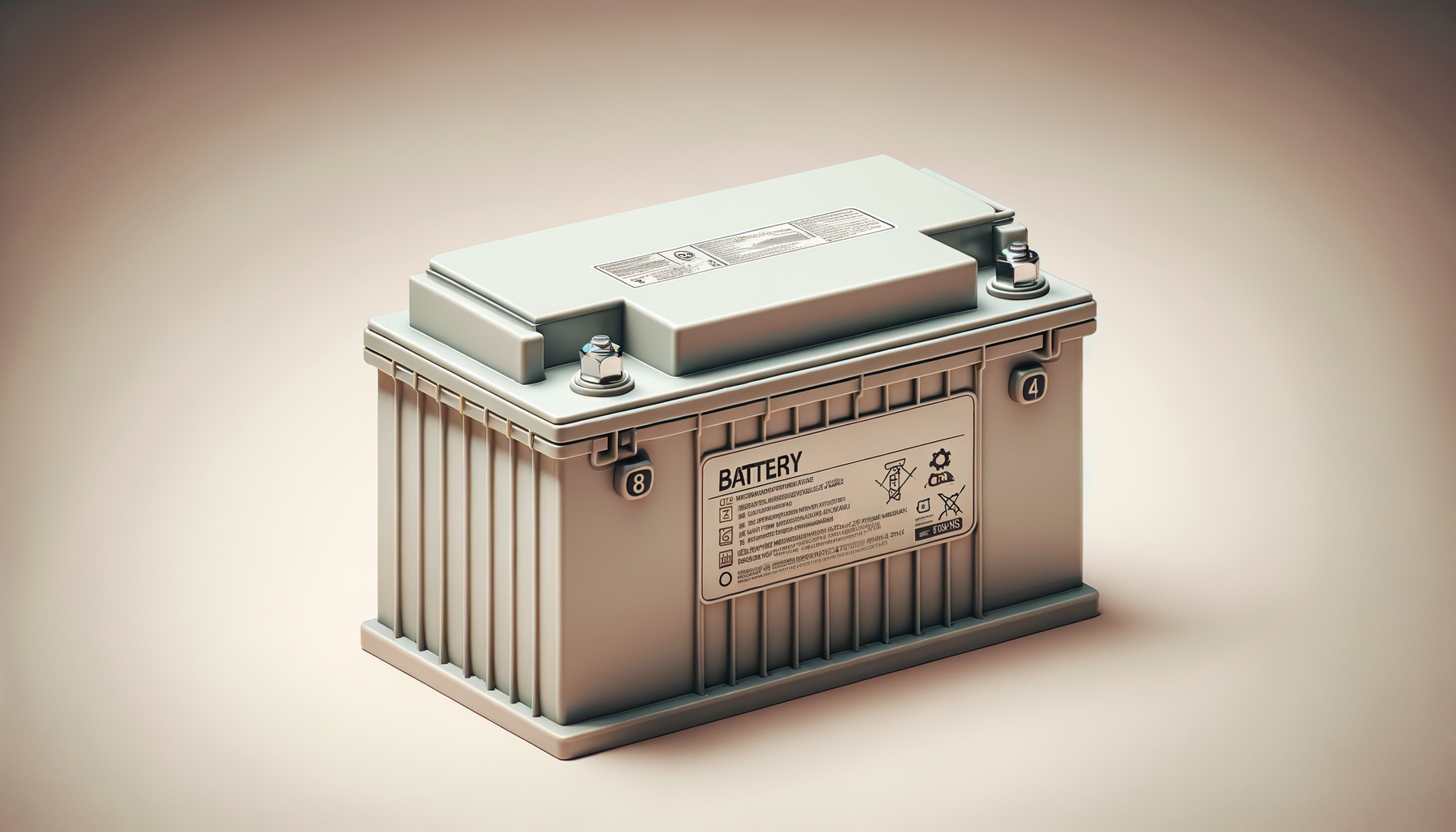 A car battery with a white case, two terminals on top, and a label with safety symbols.