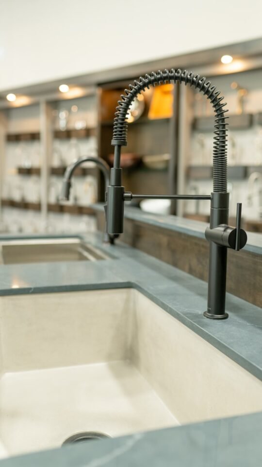 Black kitchen faucet with spring coil hose featured by Delta faucets.
