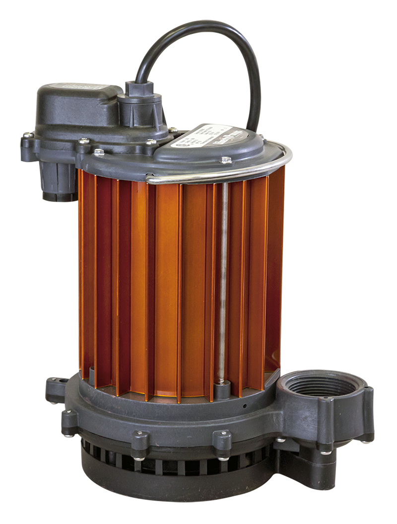 Submersible water pump with orange and black components, fittings, and cables crafted from the brand Liberty pumps.