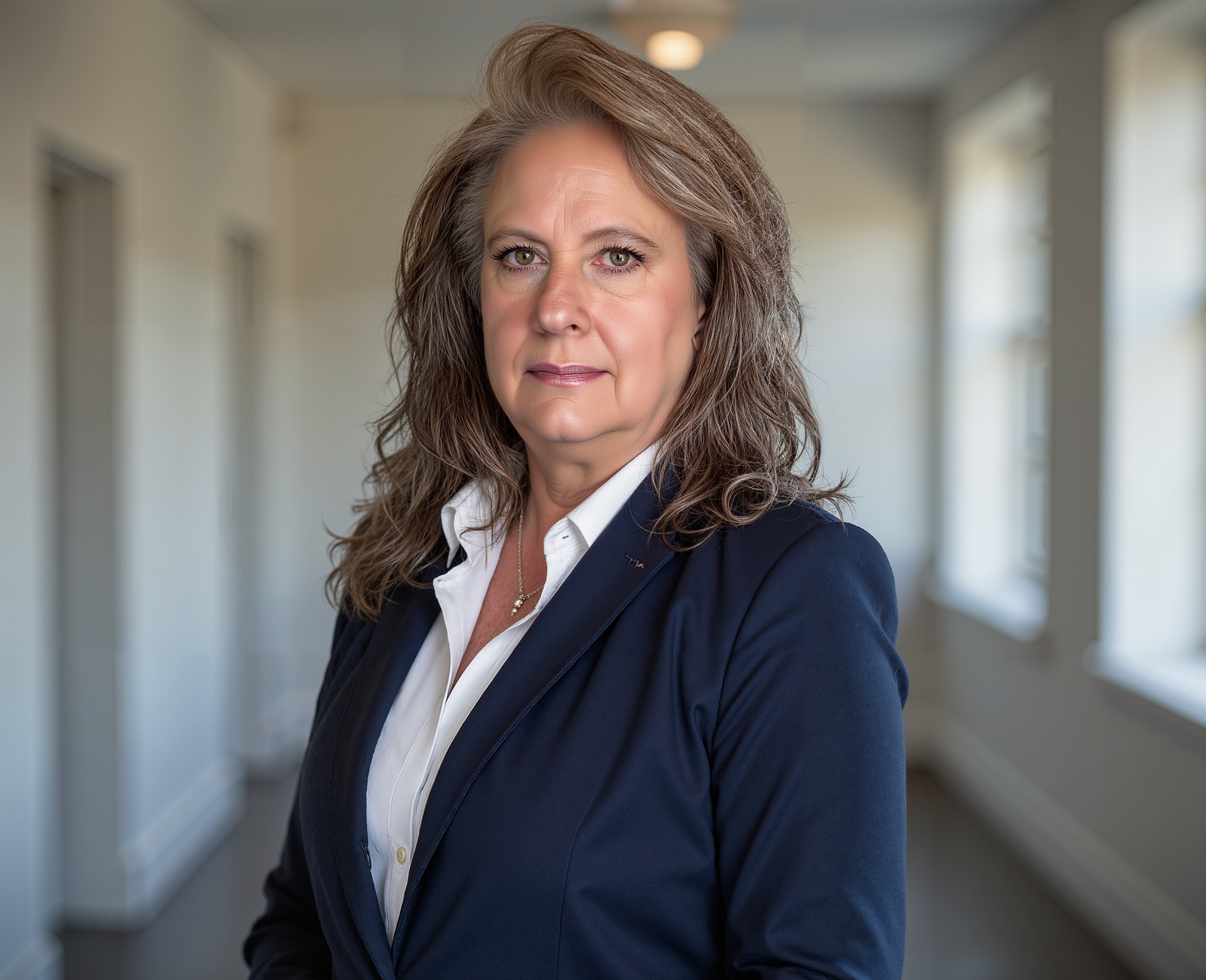 A confident middle-aged woman with wavy brown hair wearing a navy blazer and white shirt, standing in a well-lit room with large windows.