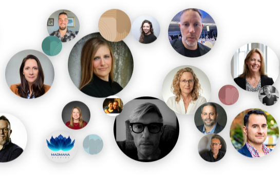 Collage of diverse professional headshots in circular frames with colorful abstract backgrounds.