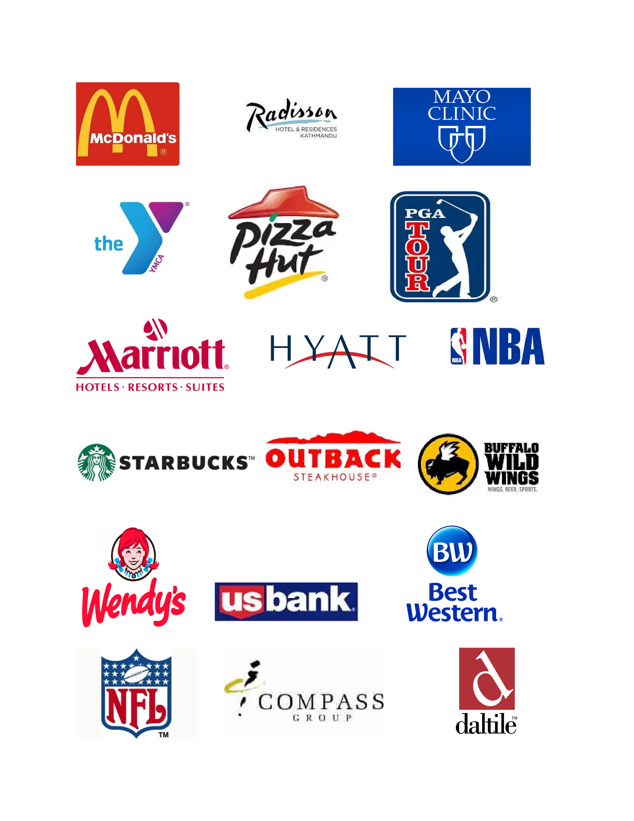 Collection of various business and organization logos including McDonald's, Radisson, Mayo Clinic, YMCA, Pizza Hut, PGA Tour, Marriott, Hyatt, NBA, Starbucks, Outback Steakhouse, Buffalo Wild Wings, Wendy's, US Bank, Best Western, NFL, Compass Group, and Daltile.