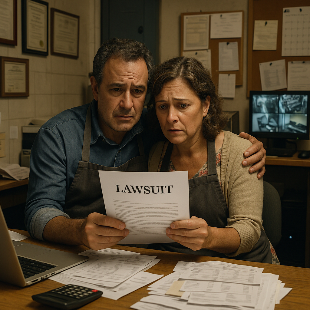 A man and woman in an office, wearing aprons, looking worried at a legal document labeled 'Lawsuit' surrounded by papers on a table.