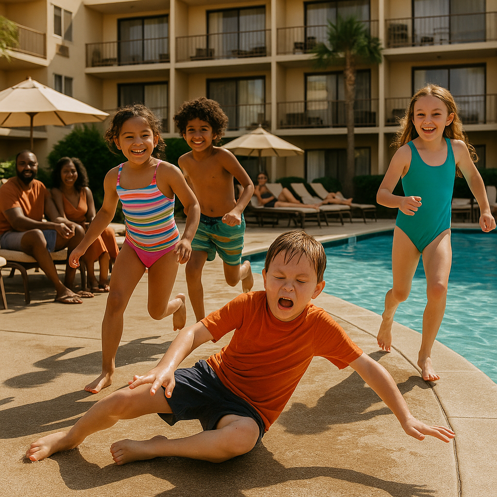 Children playing by the poolside, with three kids running and one kid sitting on ground, at a hotel or resort with apartment-style rooms in the background.