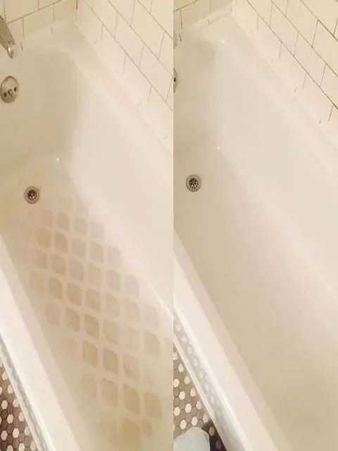 Side-by-side images of a bathroom bathtub, showing a cleaning process with a clear pattern in the dirty section and a clean, smooth surface after cleaning before and after slip patrol non slip treatment.