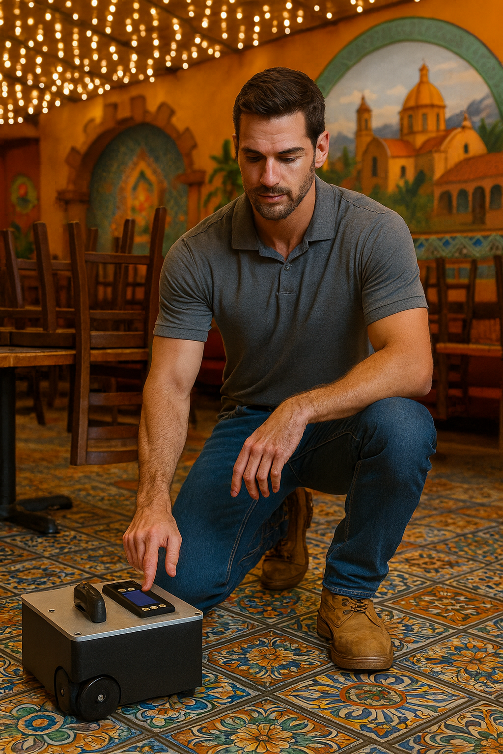 A man kneeling on a colorful tiled floor in a restaurant, operating a small electronic device with a screen. The restaurant has decorative murals and string lights hanging from the ceiling.