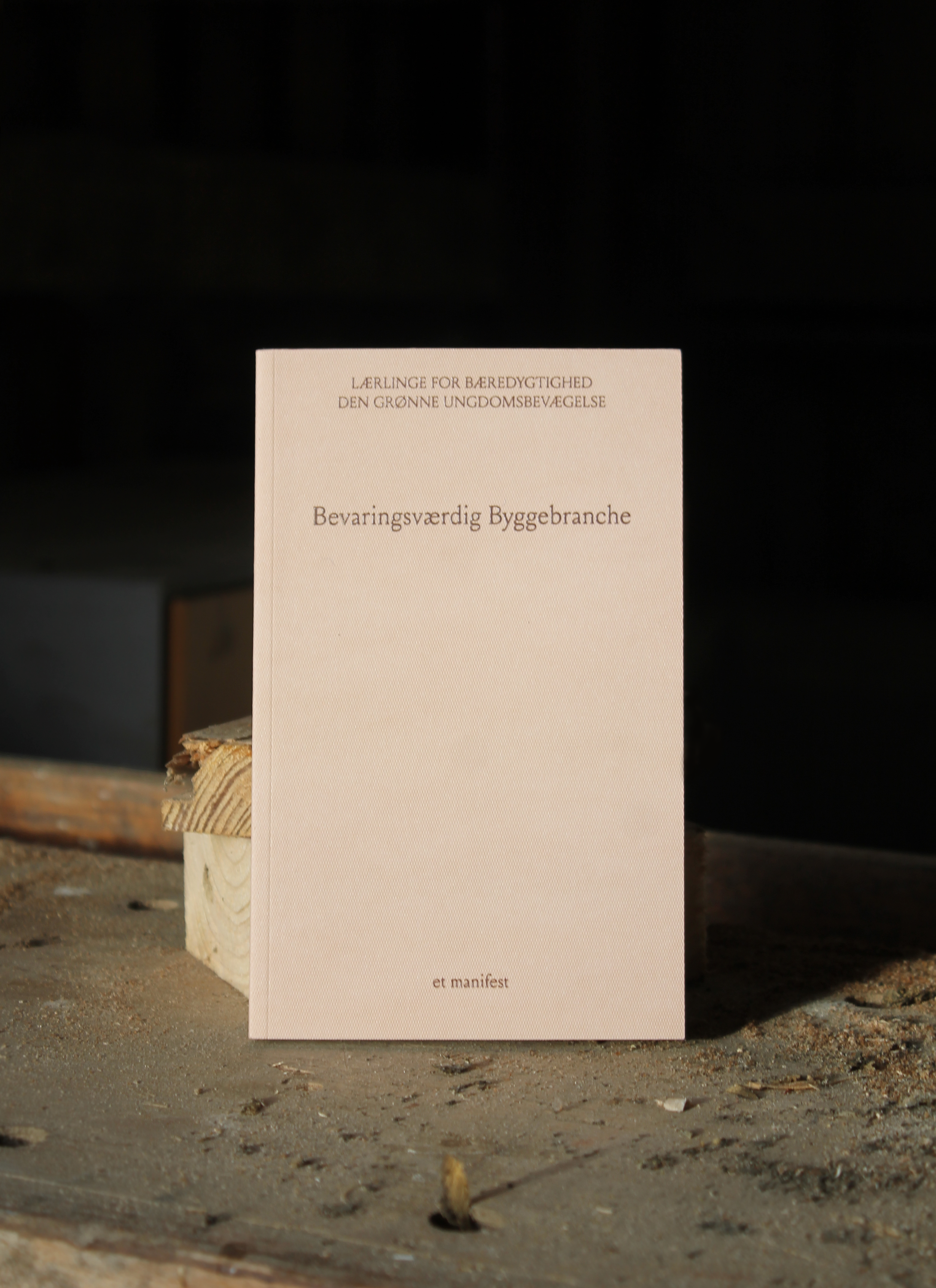 A beige book titled 'Bevaringsværdig Byggebranche' standing upright on a wooden surface with a dark background.