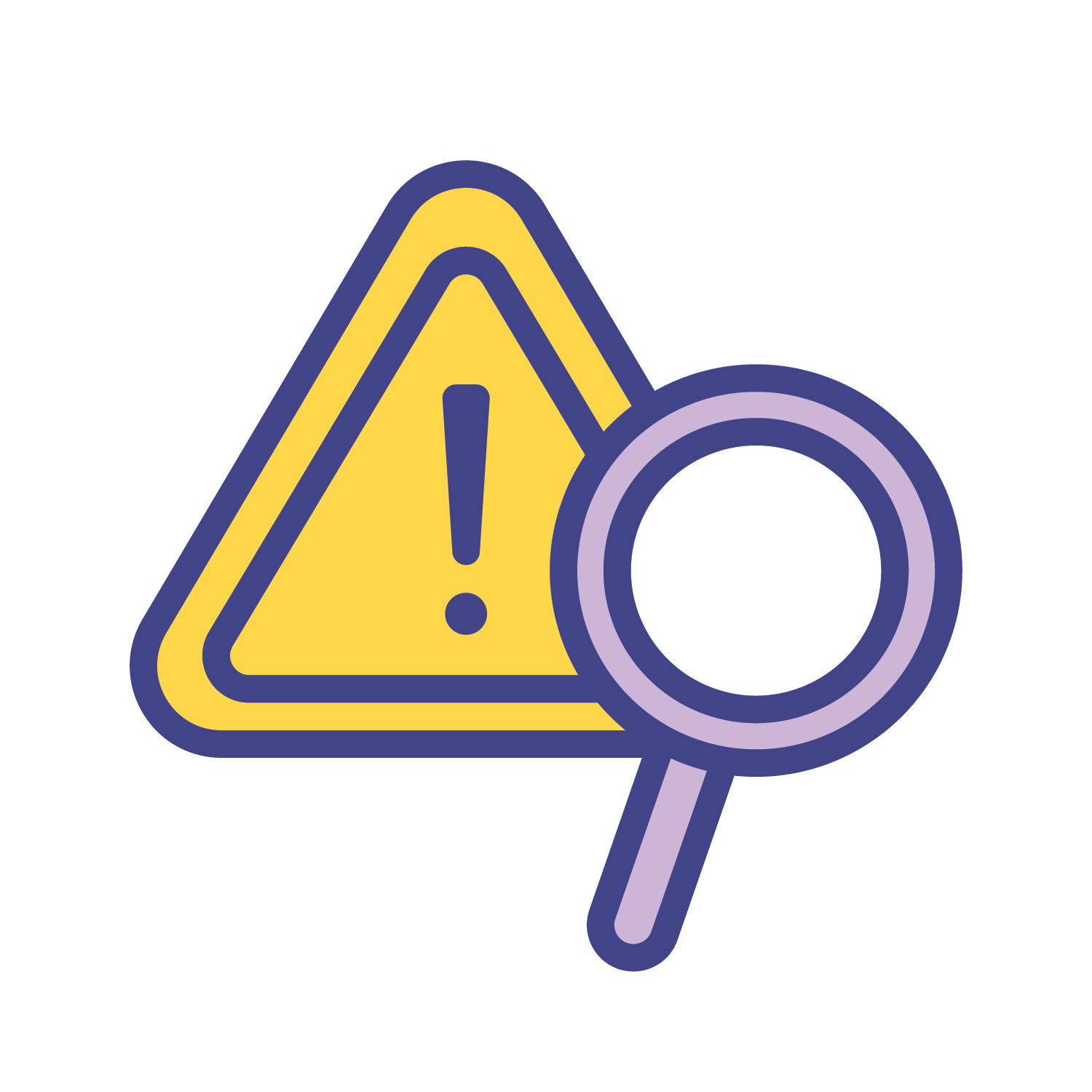 Icon of a warning traffic sign with exclamation point, and a magnifying glass