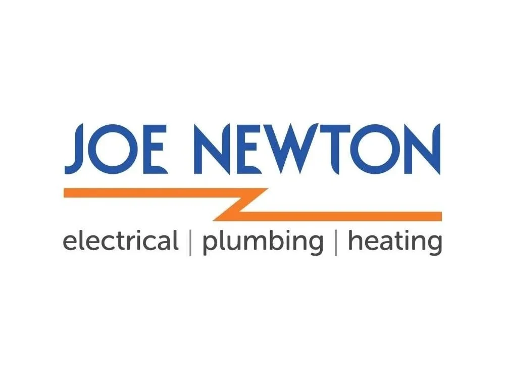Logo for Joe Newton, a company specializing in electrical, plumbing, and heating services, featuring blue text and an orange underline.
