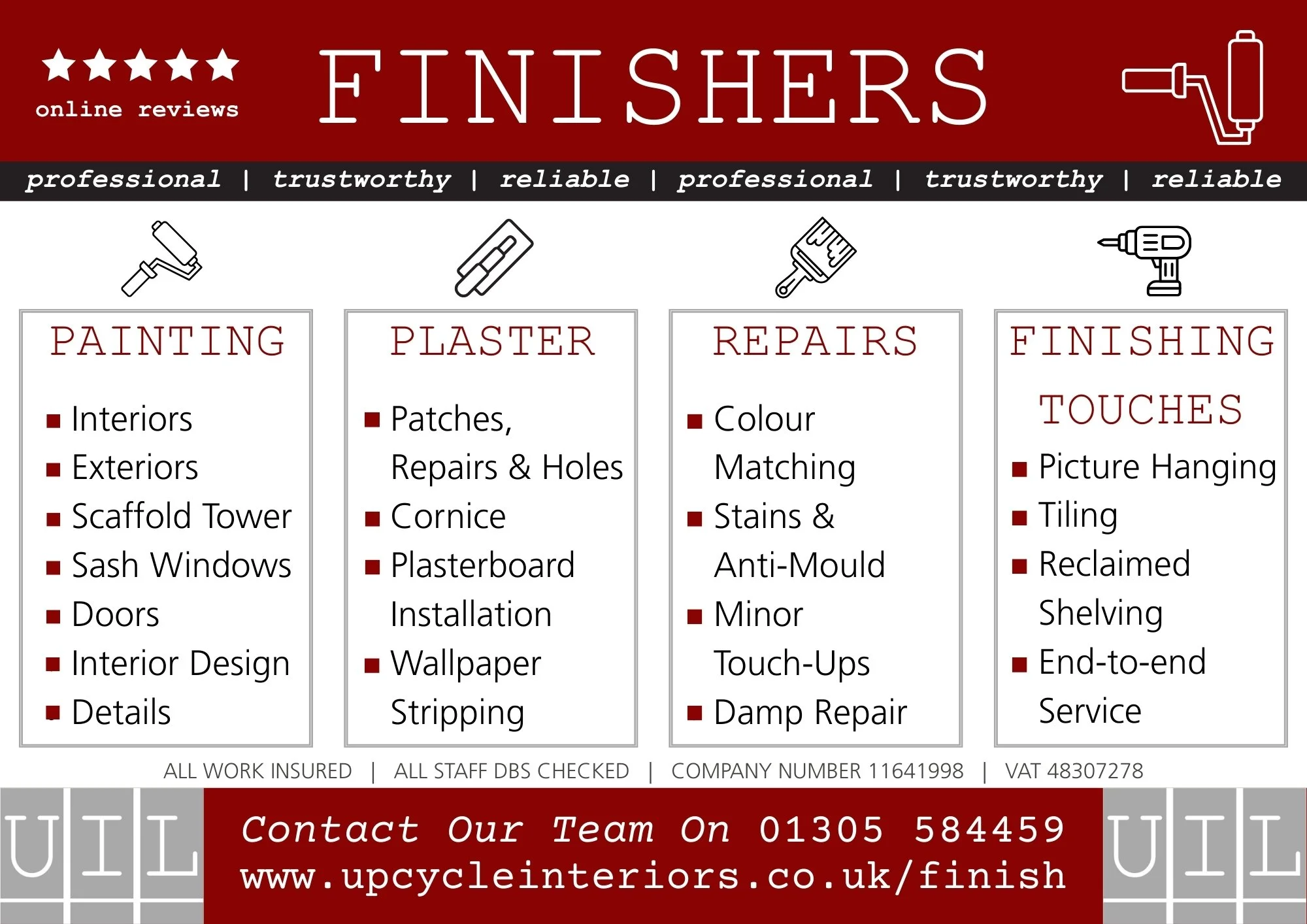 A detailed infographic listing finishers services for home renovation, including painting, plaster, repairs, and finishing touches, with contact information at the bottom.