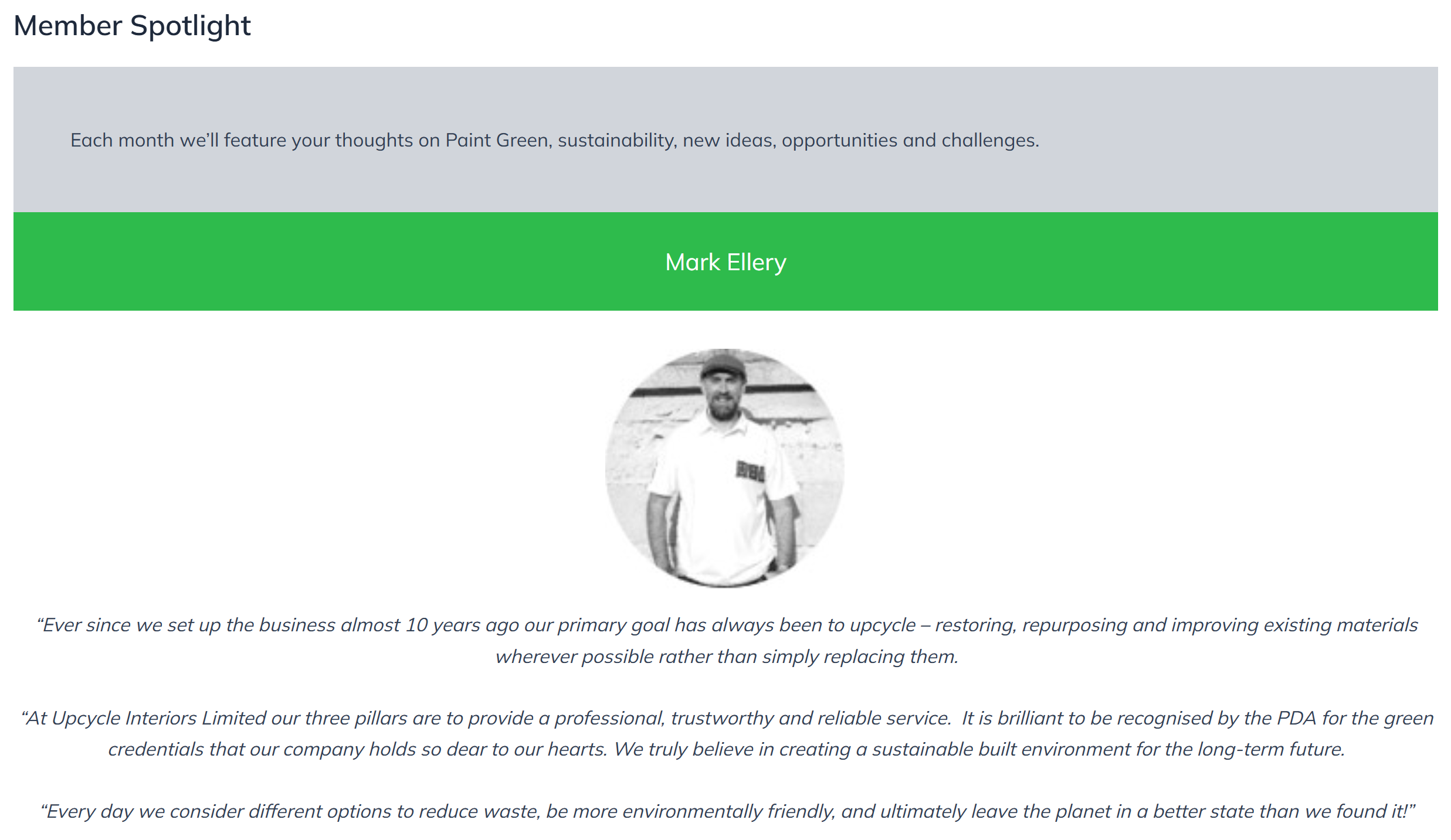 Screenshot of a webpage titled 'Member Spotlight' featuring a photo of a man in a white shirt and a baseball cap, and quotes about sustainability and upcycling from the business Upcycle Interiors Limited.