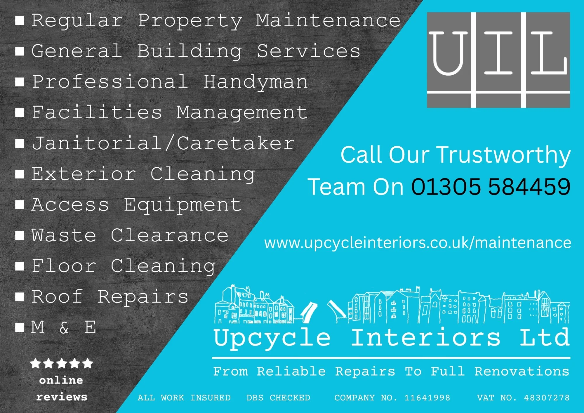 A promotional flyer for Upcycle Interiors Ltd featuring list of services including property maintenance, building services, handyman, facilities management, janitorial, exterior cleaning, access equipment, waste clearance, floor and roof repairs. The flyer highlights contact information with a phone number, website URL, and the company logo. The design uses black, blue, and white colors with text and illustrations of buildings.
