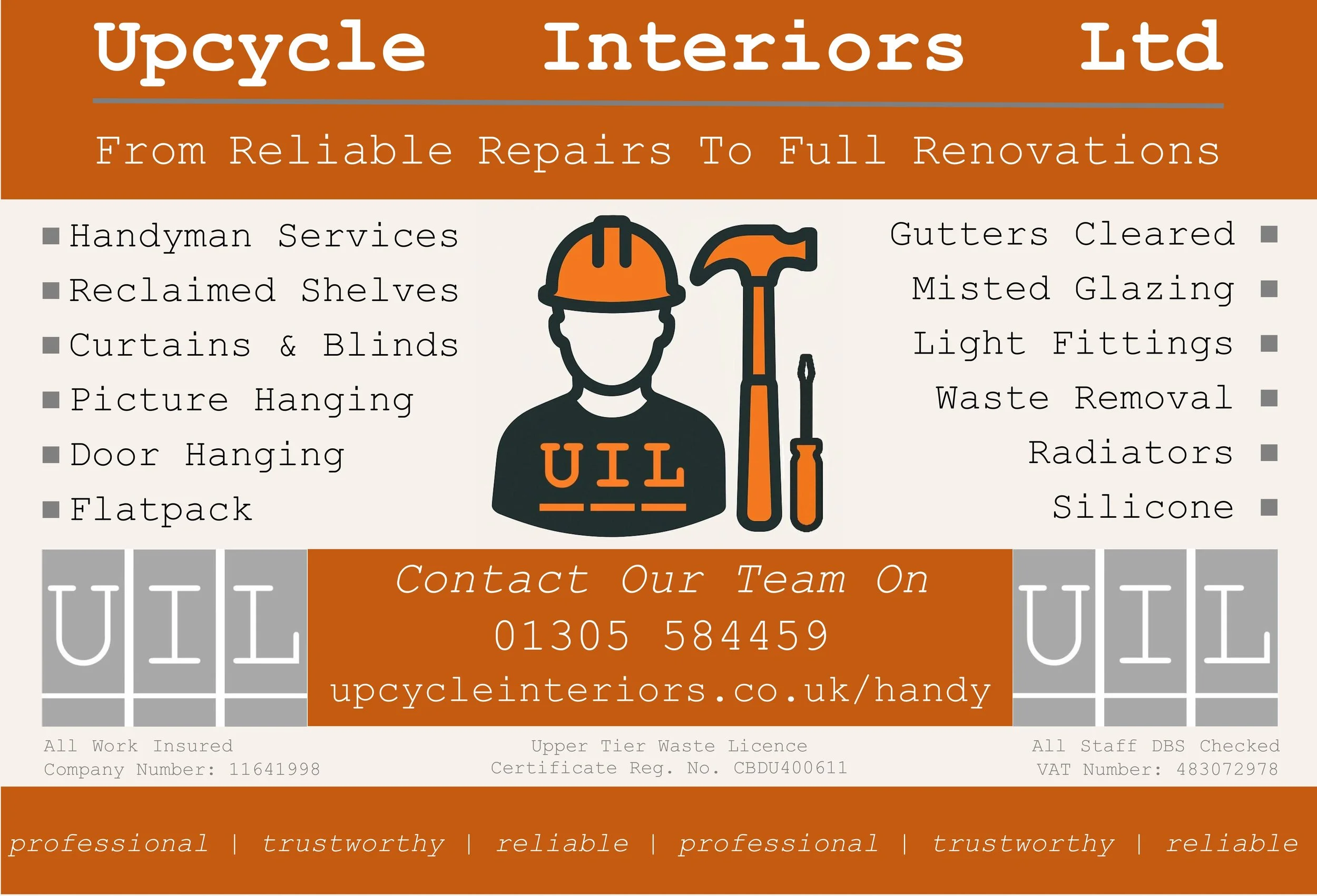 Business advertisement for Upcycle Interiors Ltd with services listed on either side of the logo; contact information and website displayed in the center.