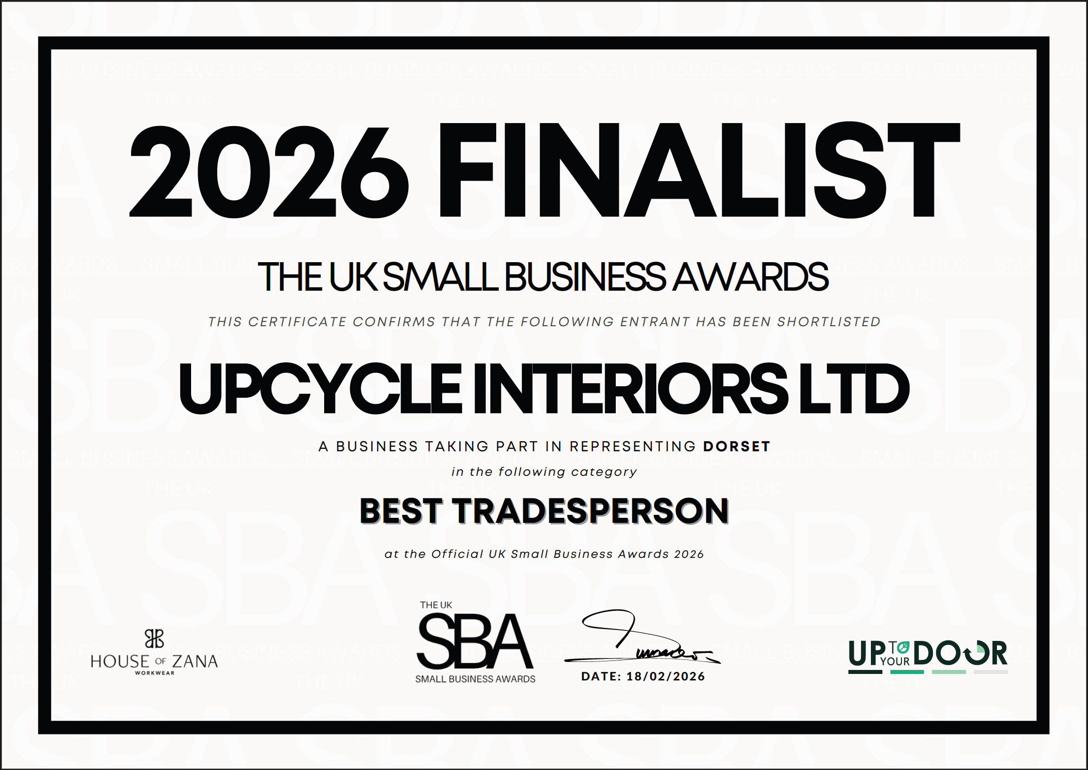 Certificate of shortlisting at the 2026 UK Small Business Awards for Upcycle Interiors Ltd, category Best Tradesperson, dated 18/02/2026.