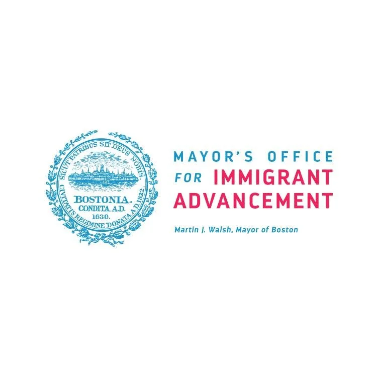Seal of Boston and text reading "Mayor's Office for Immigrant Advancement" with a note about Martin J. Walsh, Mayor of Boston.
