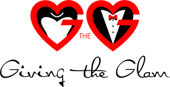 Design featuring two hearts with 'G' and 'G' inside, a tuxedoed man in the middle, and the words 'Giving the Glam'.