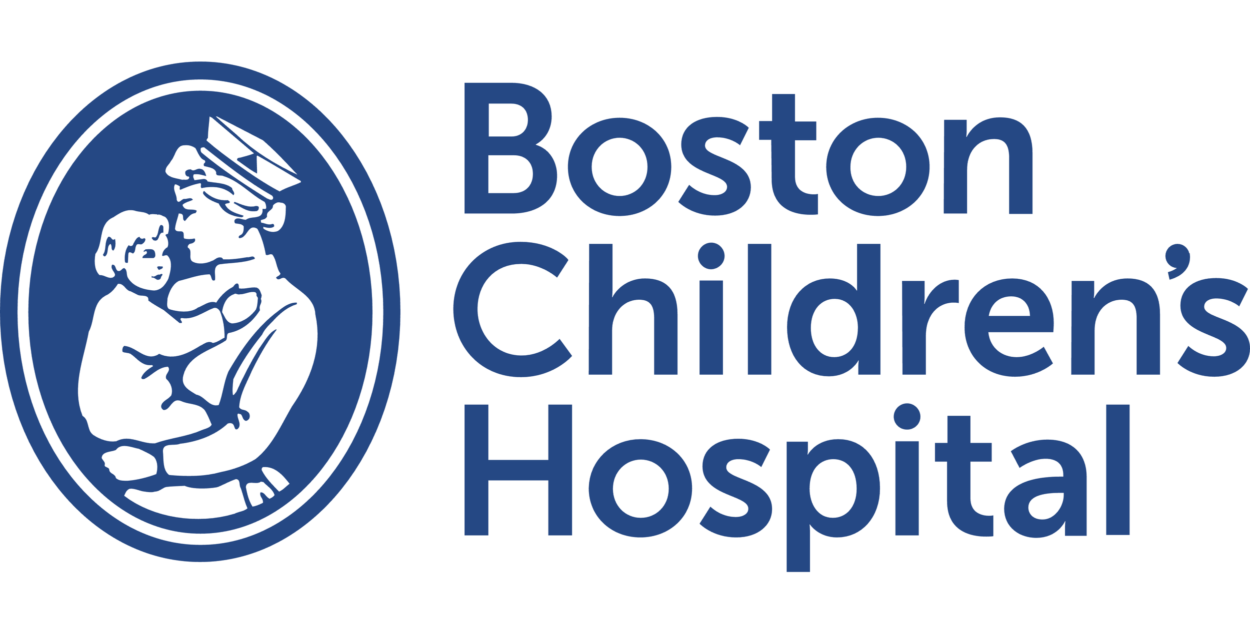 Logo of Boston Children's Hospital featuring an illustration of a child and a medical professional in a circular emblem with the hospital's name.