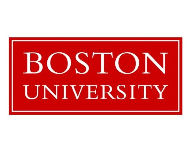 Boston University logo with white text on a red background