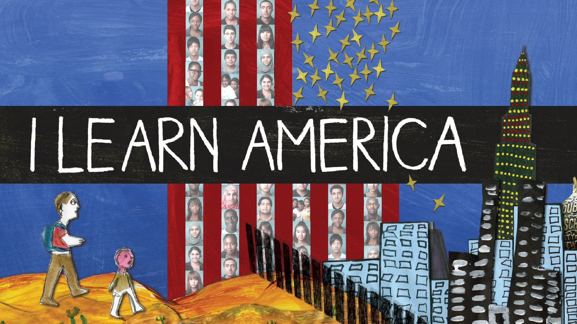 A colorful illustrated mural with the words "Learn America" in large white letters on a black background. The mural depicts a cityscape with tall buildings and a bright blue sky, along with children walking on a road in the foreground. The illustrati