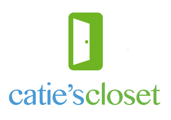 Logo for Catie's Closet featuring a green door icon and blue and green text.