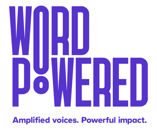 Bold purple text spelling 'WORD POWERED' with the slogan 'Amplified voices. Powerful impact.' beneath.