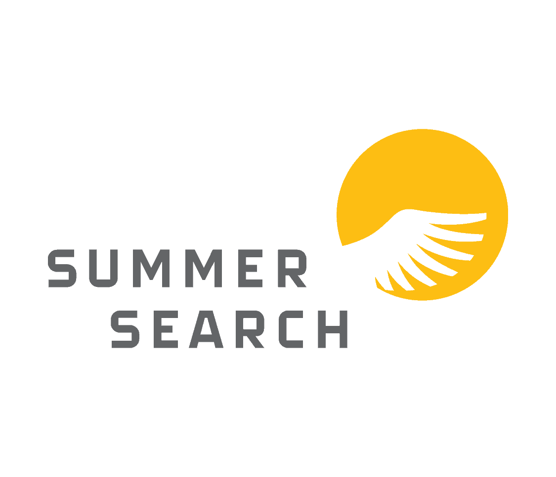 Logo for Summer Search with black background, yellow sun with a stylized hand reaching towards it, and gray text reading 'Summer Search'.