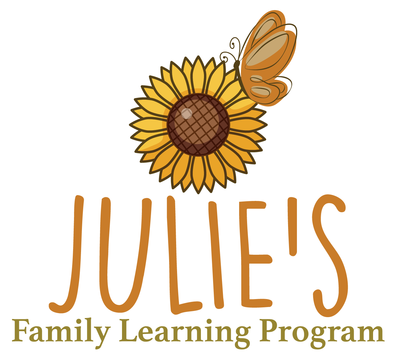Sunflower with a butterfly and the text "Jolie's Family Learning Program" in stylized fonts.