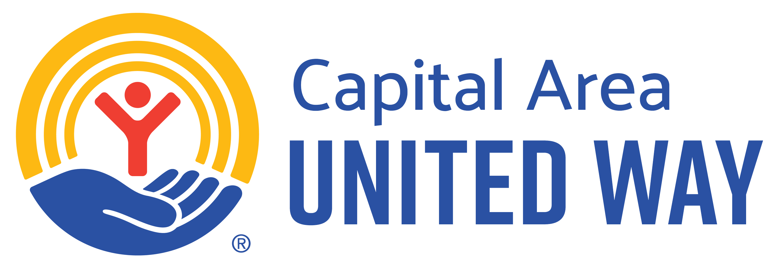Logo of Capital Area United Way featuring a hand holding a stylized person with rainbow-like arcs above, accompanied by the text 'Capital Area United Way' in blue.