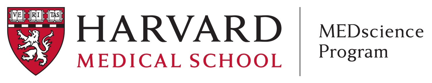 Harvard Medical School logo with shield emblem featuring a lion and the word 'Veritas' on top, next to text 'Harvard Medical School' and 'MEDscie Program'.