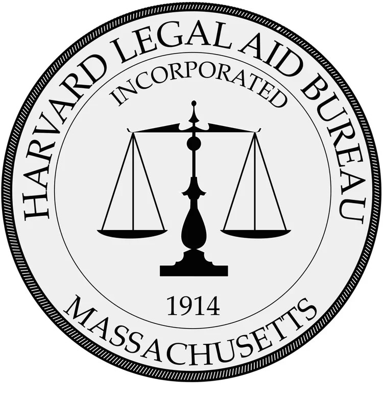 Seal of Harvard Legal Aid Bureau featuring a balanced scale with the year 1914 and the words Harvard Legal Aid Bureau Massachusetts.