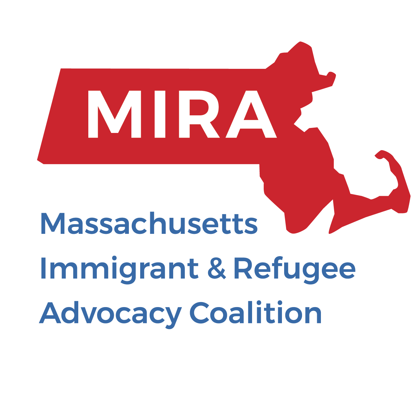 Logo of the Massachusetts Immigrant & Refugee Advocacy Coalition with a red outline map of Massachusetts, the text 'MIRA' in white inside the state outline, and 'Massachusetts Immigrant & Refugee Advocacy Coalition' in blue below.