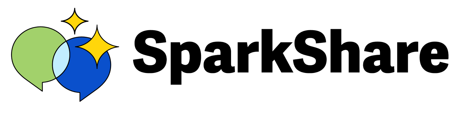 SparkShare logo featuring two overlapping speech bubbles in green and blue with yellow stars above, and the word SparkShare in black text.