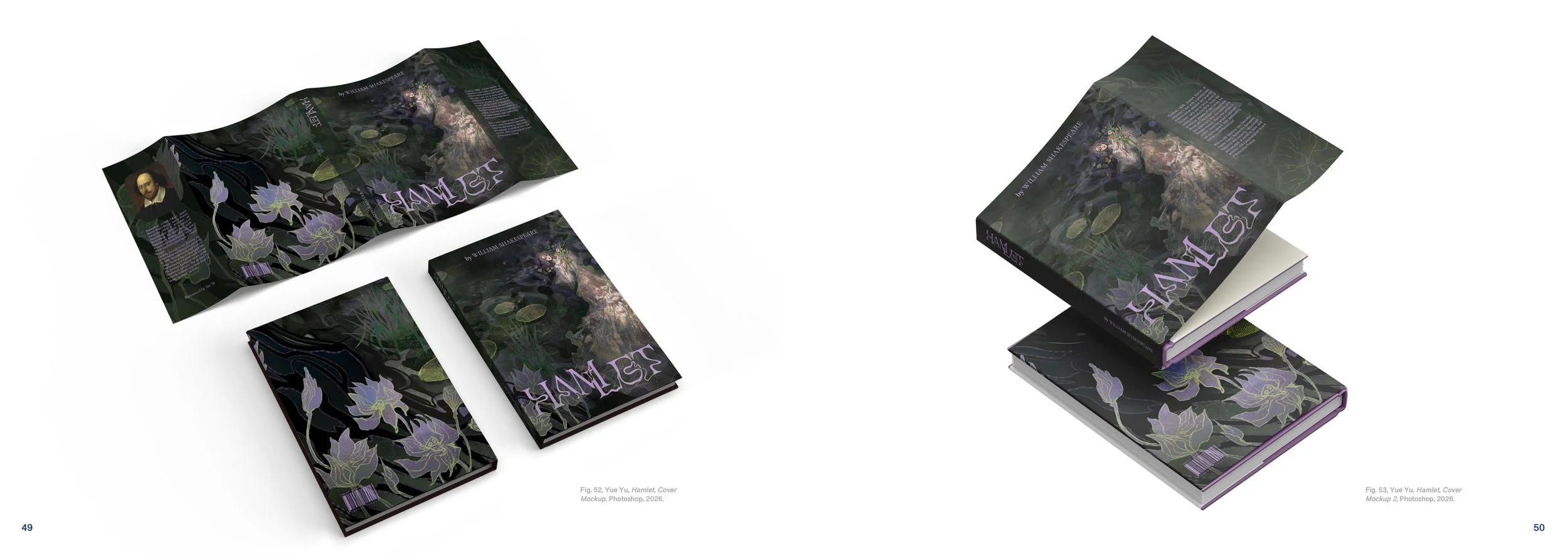 Mockup of a book cover, titled 'Hamlet' by William Shakespeare, with dark floral and water lily design, shown both as a flat cover and as a stacked hardcover book.
