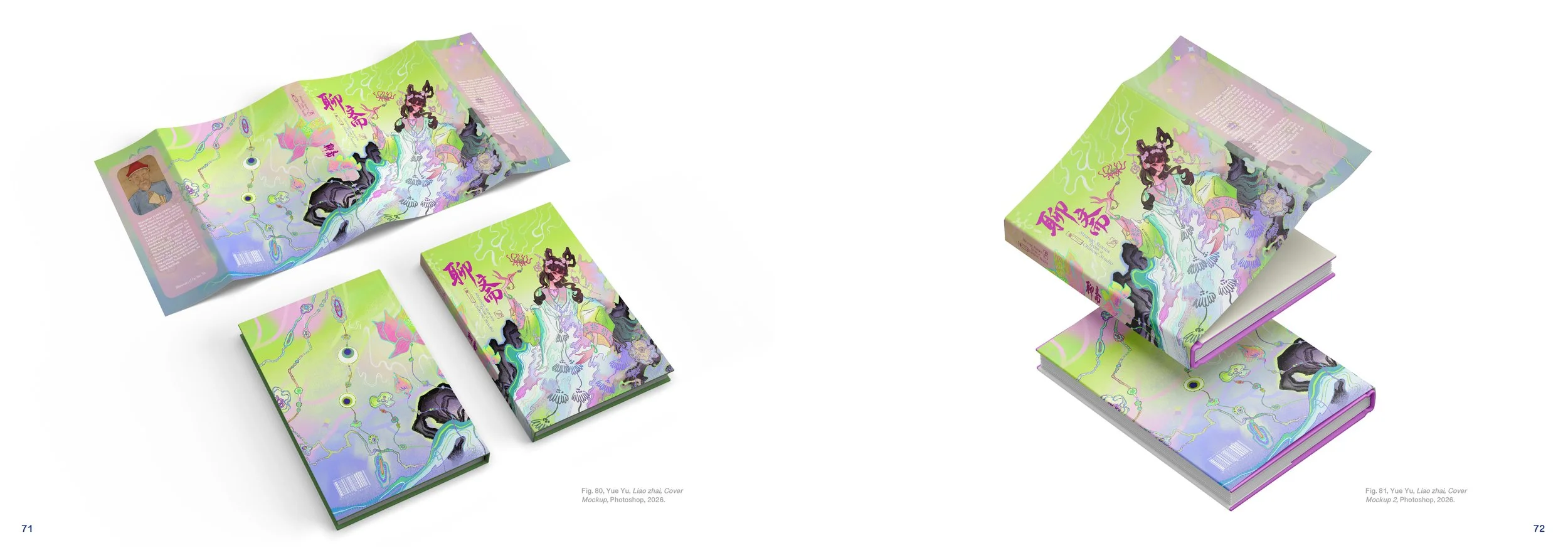 Mockup images of a colorful book cover with artistic, fantasy-style illustrations, including a female character with flowing hair and a green background, shown in different perspectives and layouts.