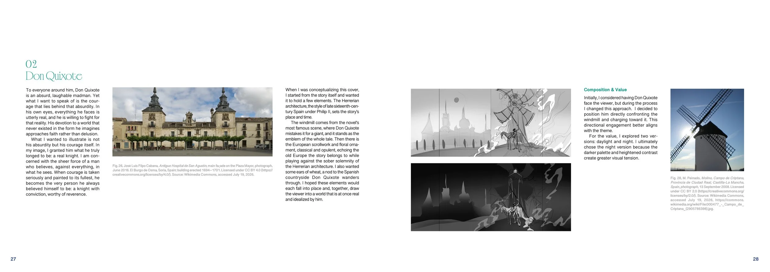 A magazine spread featuring images and text about Don Quixote and related artwork. The left page shows a photo of a historic building with towers, while the right page includes sketches of a windmill and a castle.