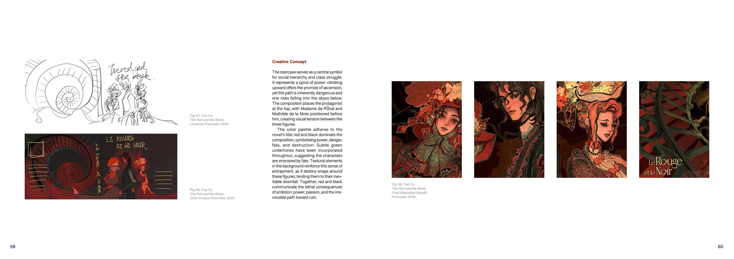 A design layout with a staircase graphic, three stylized illustrations of characters in red and black tones, and descriptive text discussing a creative concept related to social hierarchy, danger, and power, for a project titled "Le Rouge et le Noir."