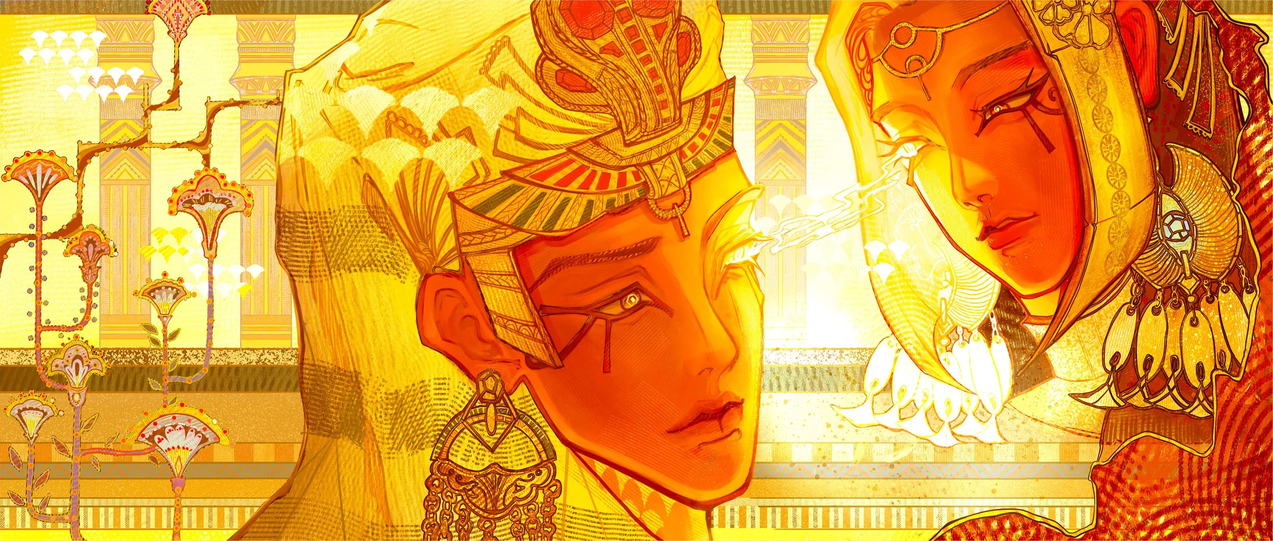 Digital artwork featuring two regal women with intricate jewelry and headpieces, set against a golden background with ornate floral patterns and architectural elements, all in warm shades of gold and orange.
