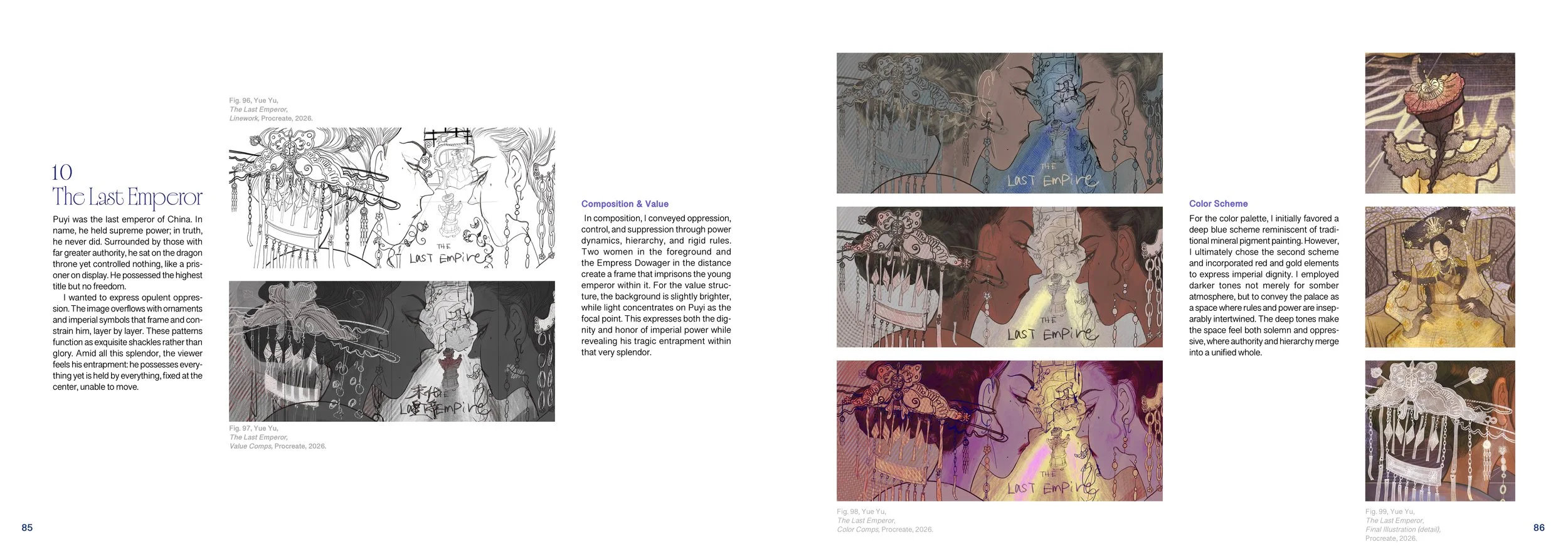 Two pages of a book with illustrations and text about the Last Emperor, Yue Yu. The left page contains text and sketches, while the right page features colorful illustrations of a woman with traditional costume and jewelry in various color schemes, with some text describing composition, value, and color scheme.