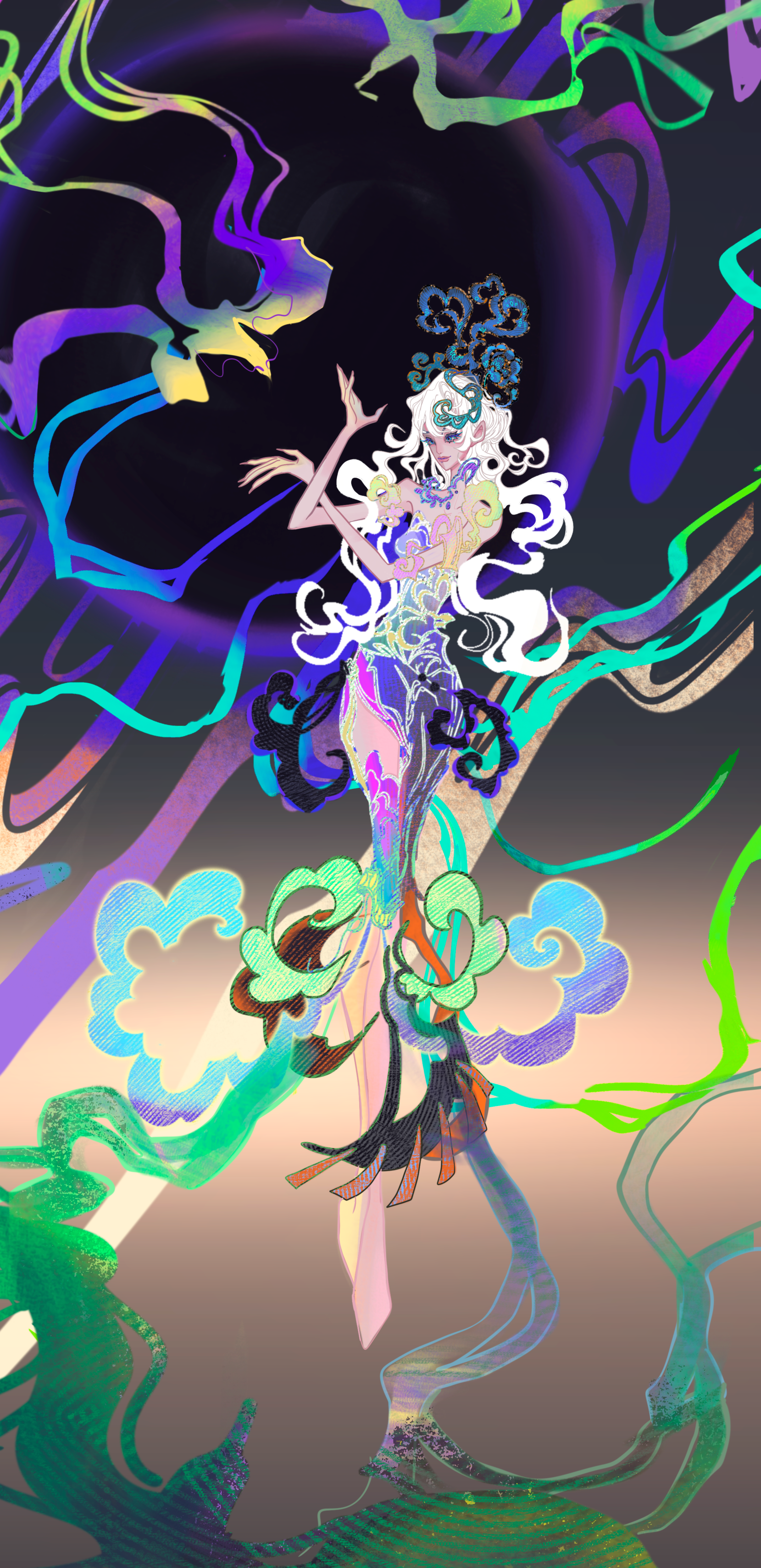 A fantasy-style digital artwork of a woman with long, flowing white hair, wearing an intricate, colorful outfit with swirling patterns. She stands amidst a vibrant, chaotic background of neon-colored swirling lines and shapes, including clouds and ab
