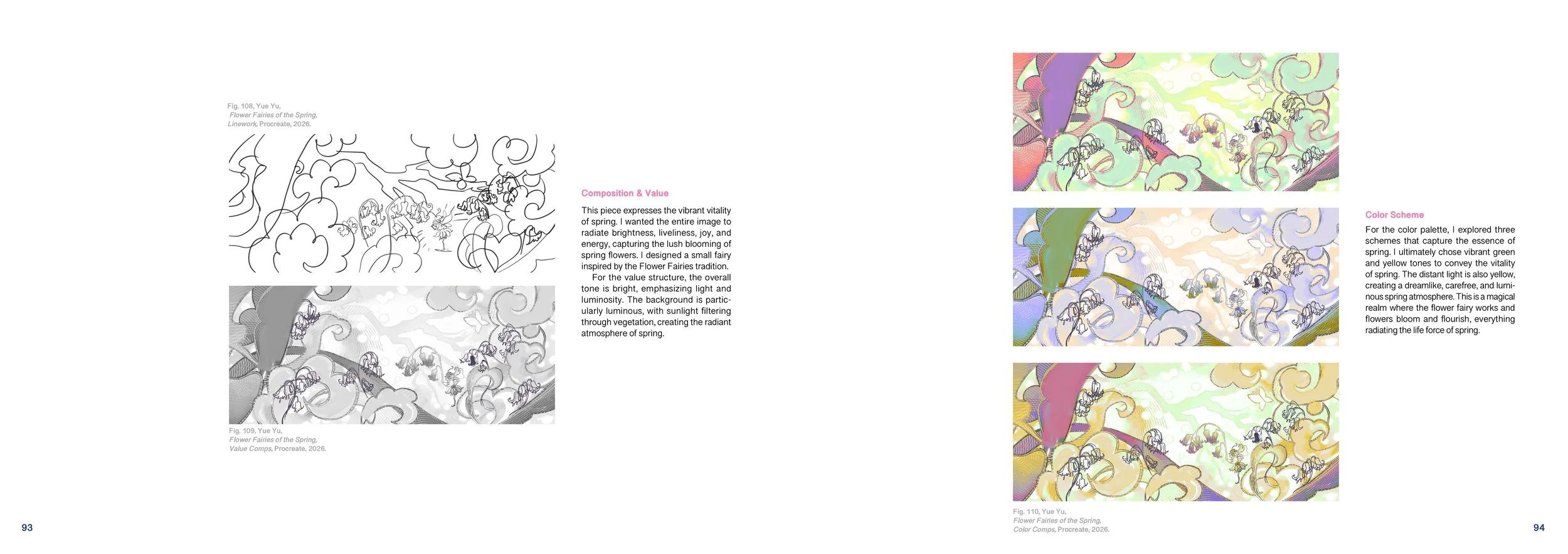 Two pages from an art book showcasing a floral linework and three color scheme illustrations inspired by spring, with accompanying descriptive text.