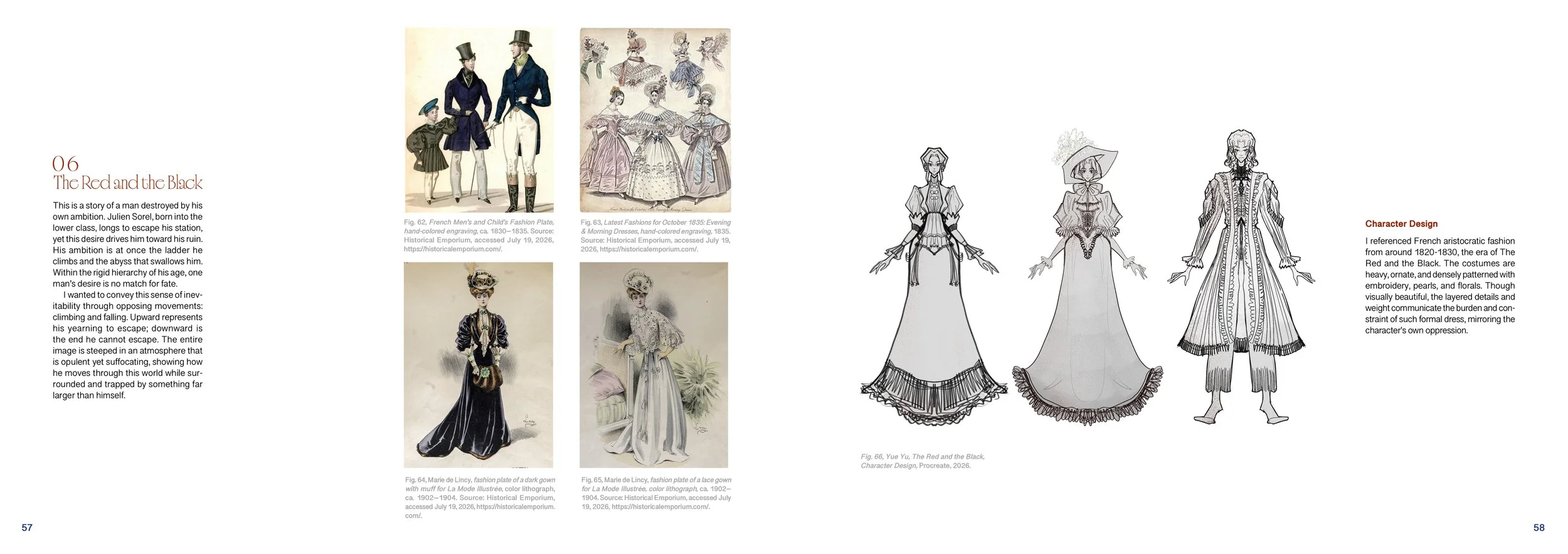 Images and sketches of 19th-century fashion inspired by the Red and Black era, including illustrations of dresses, character design, and historical fashion plates.