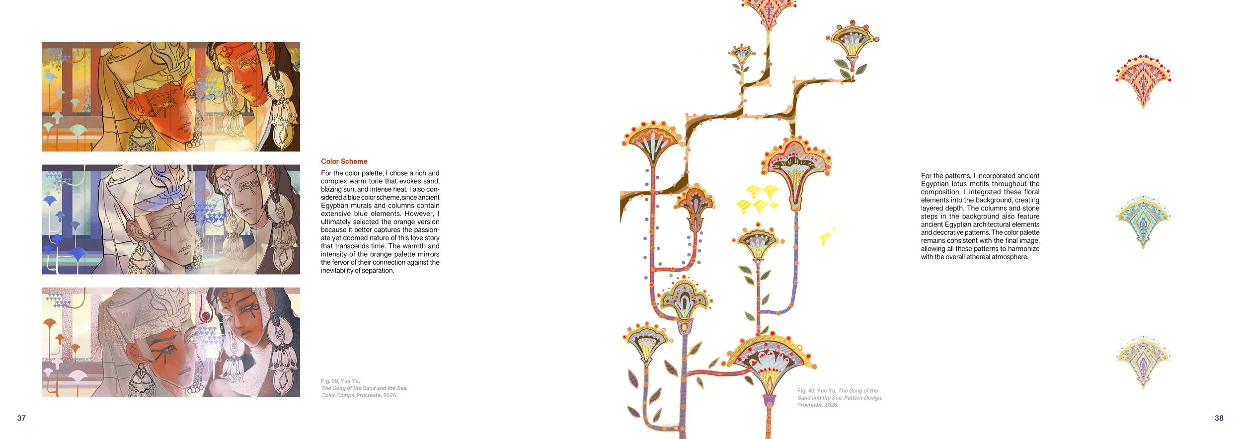 Elegant illustrations with portraits of women in vibrant colors on the left page, and a diagram of stylized floral patterns with text describing Egyptian motifs and color schemes on the right page.