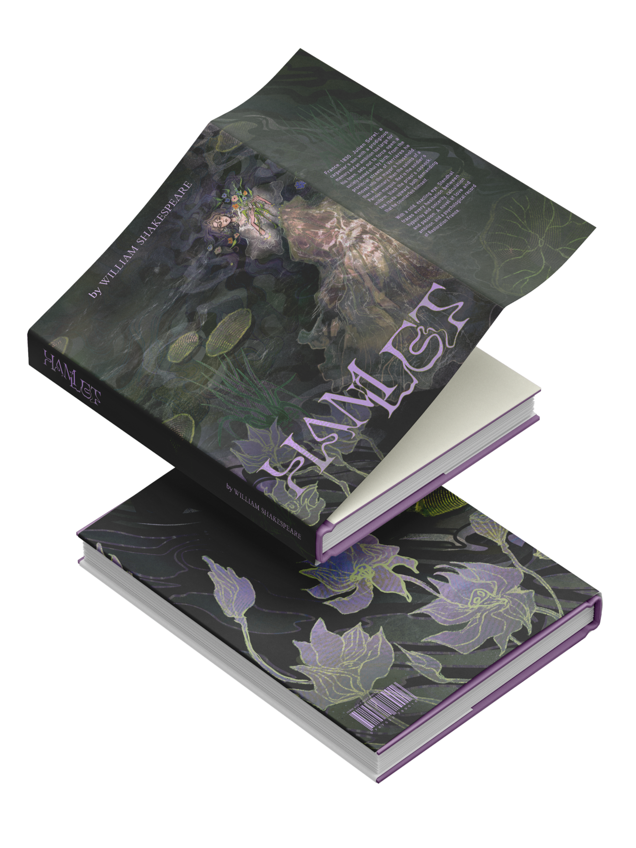 Open books with dark floral and mystical cover art titled "Shakespeare" by William Shakespeare.