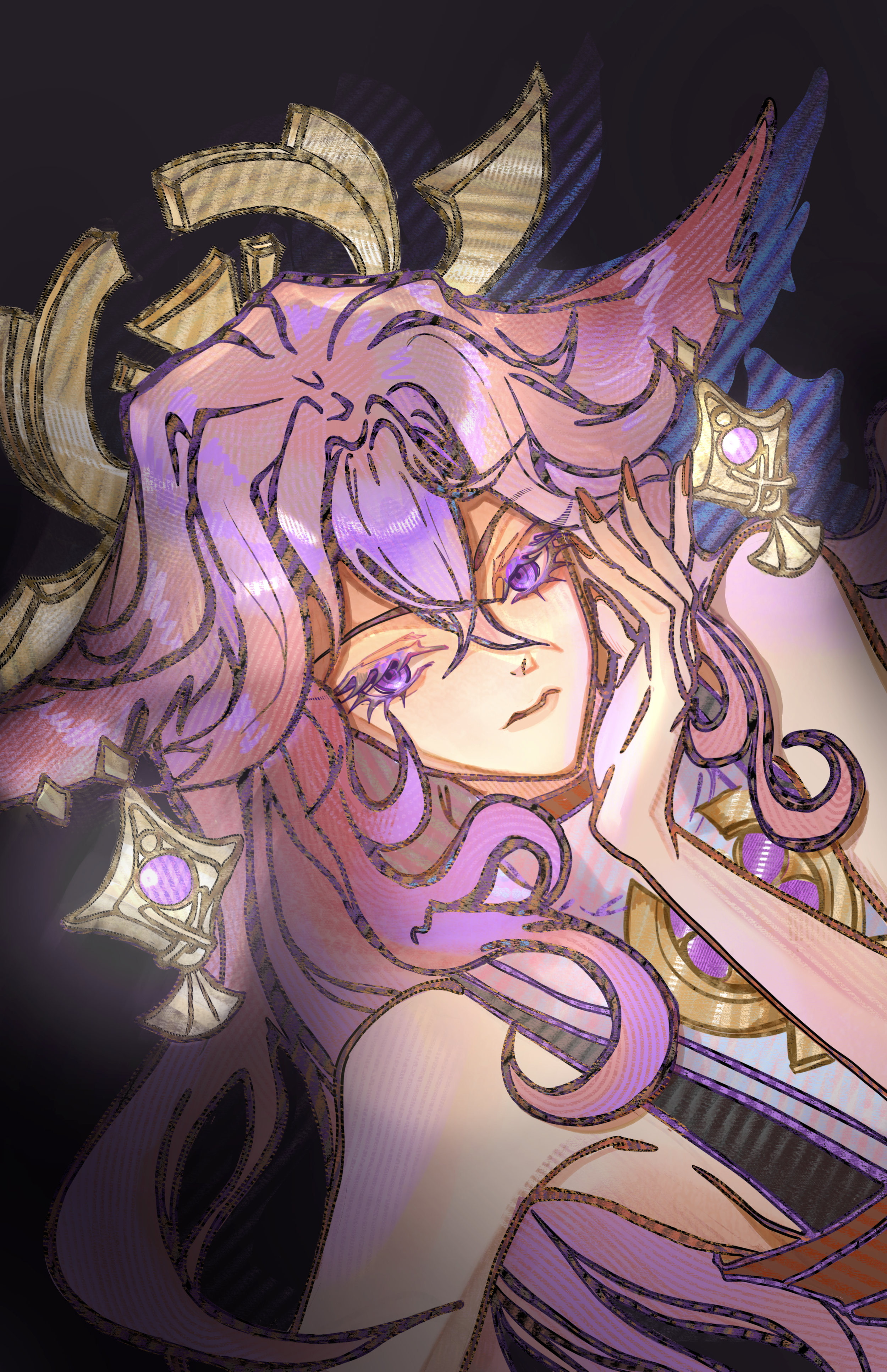 A digital illustration of a fantasy female character with long pink hair, pointed ears, and violet eyes, wearing mystical armor with gold accents and glowing gemstones, holding a sword with both hands, set against a dark background.