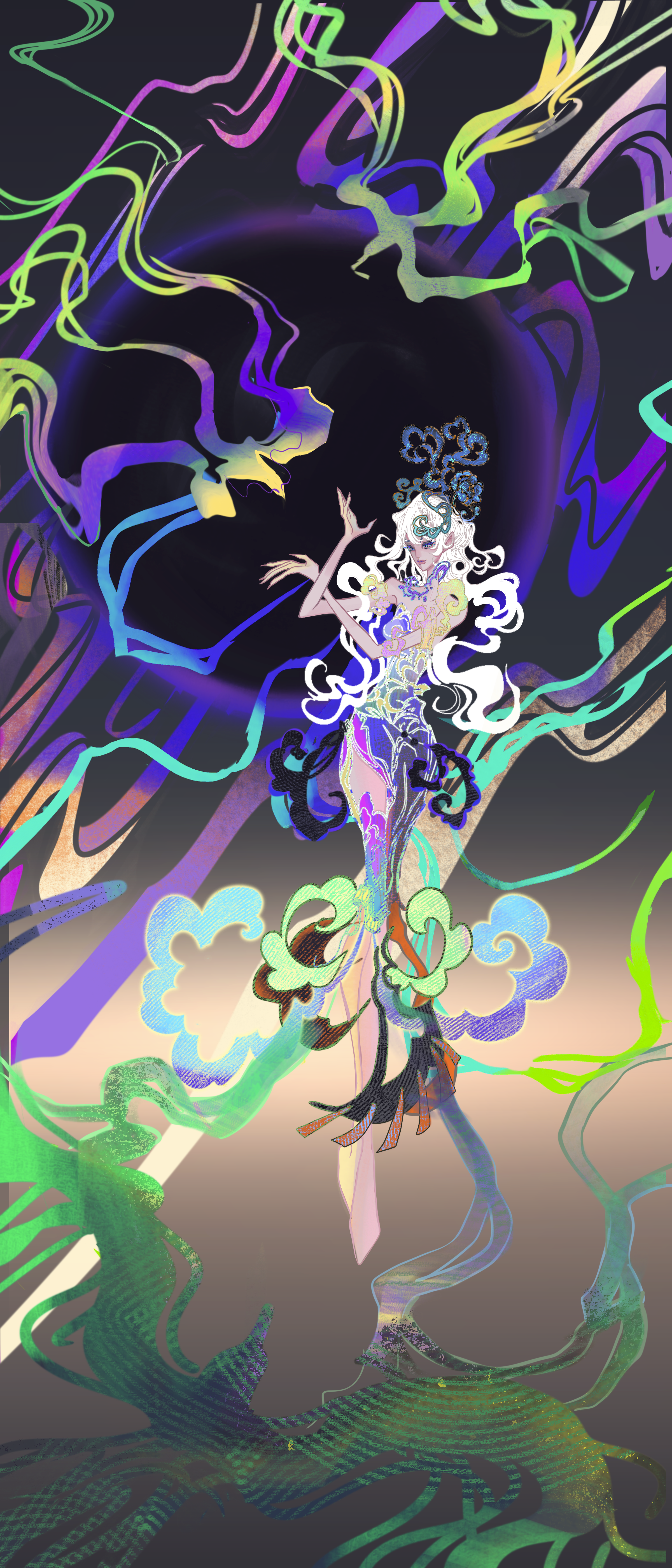 A fantasy-style digital artwork of a woman with long, flowing white hair, wearing an intricate, colorful outfit with swirling patterns. She stands amidst a vibrant, chaotic background of neon-colored swirling lines and shapes, including clouds and ab