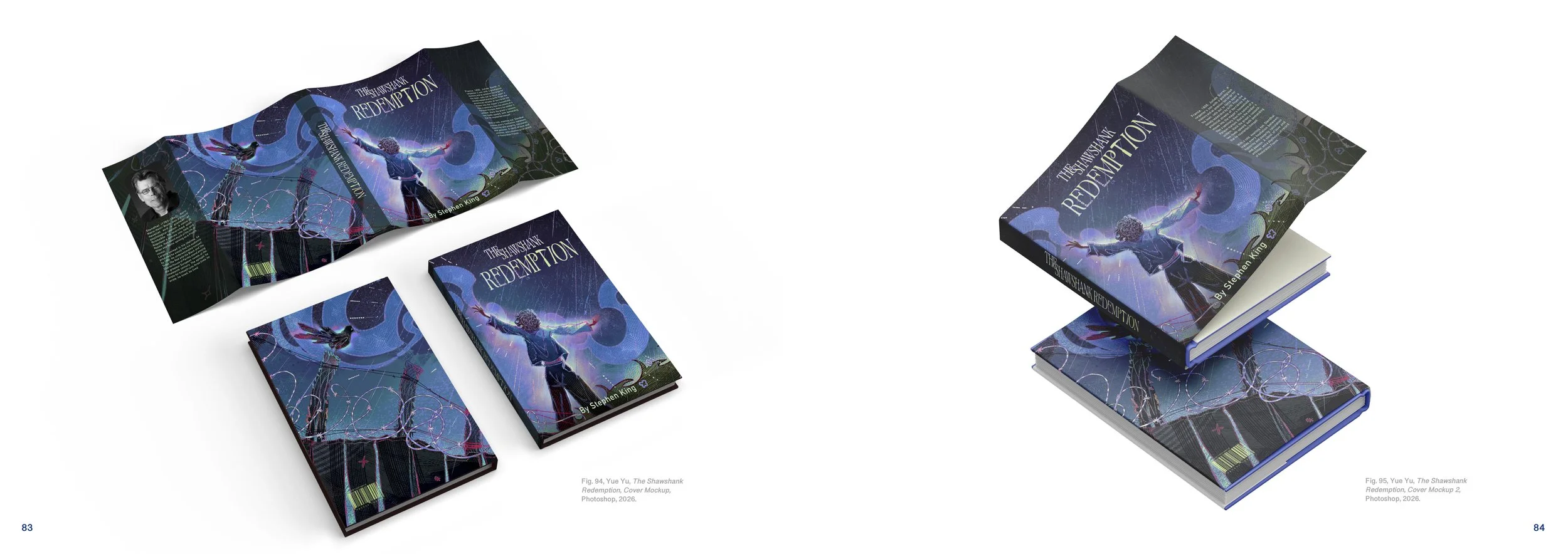 Mockups of a book cover and packaging for 'The Shawshank Redemption' featuring artwork of a person with outstretched arms surrounded by abstract blue and purple designs.