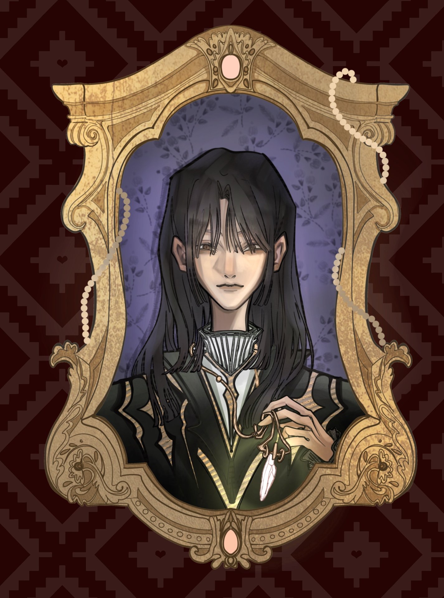 Illustration of a young woman with long dark hair, holding a necklace, seated on an ornate, vintage-style chair with a purple and blue patterned background.