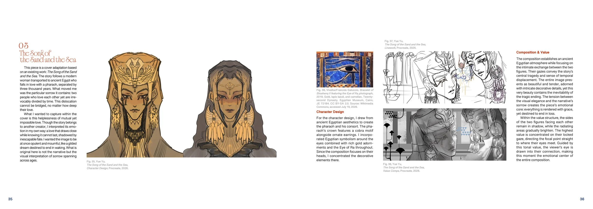 A two-page spread of educational content featuring illustrations and photographs of Egyptian-inspired artwork. The left side shows two illustrated female characters with ornate Egyptian-style headpieces and jewelry. The right side contains images of ancient Egyptian artifacts, sketches of character designs, and explanations about composition, value, and decorative elements in the artwork.